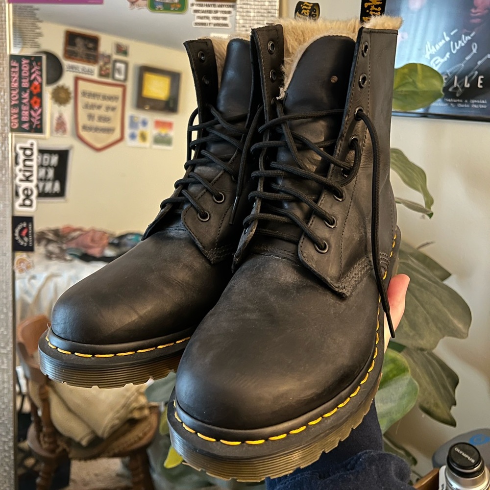 Black Leather Fur Lined Dr. Martens 1460 Combat Boots